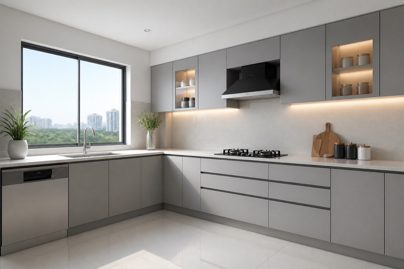White modular kitchen with island